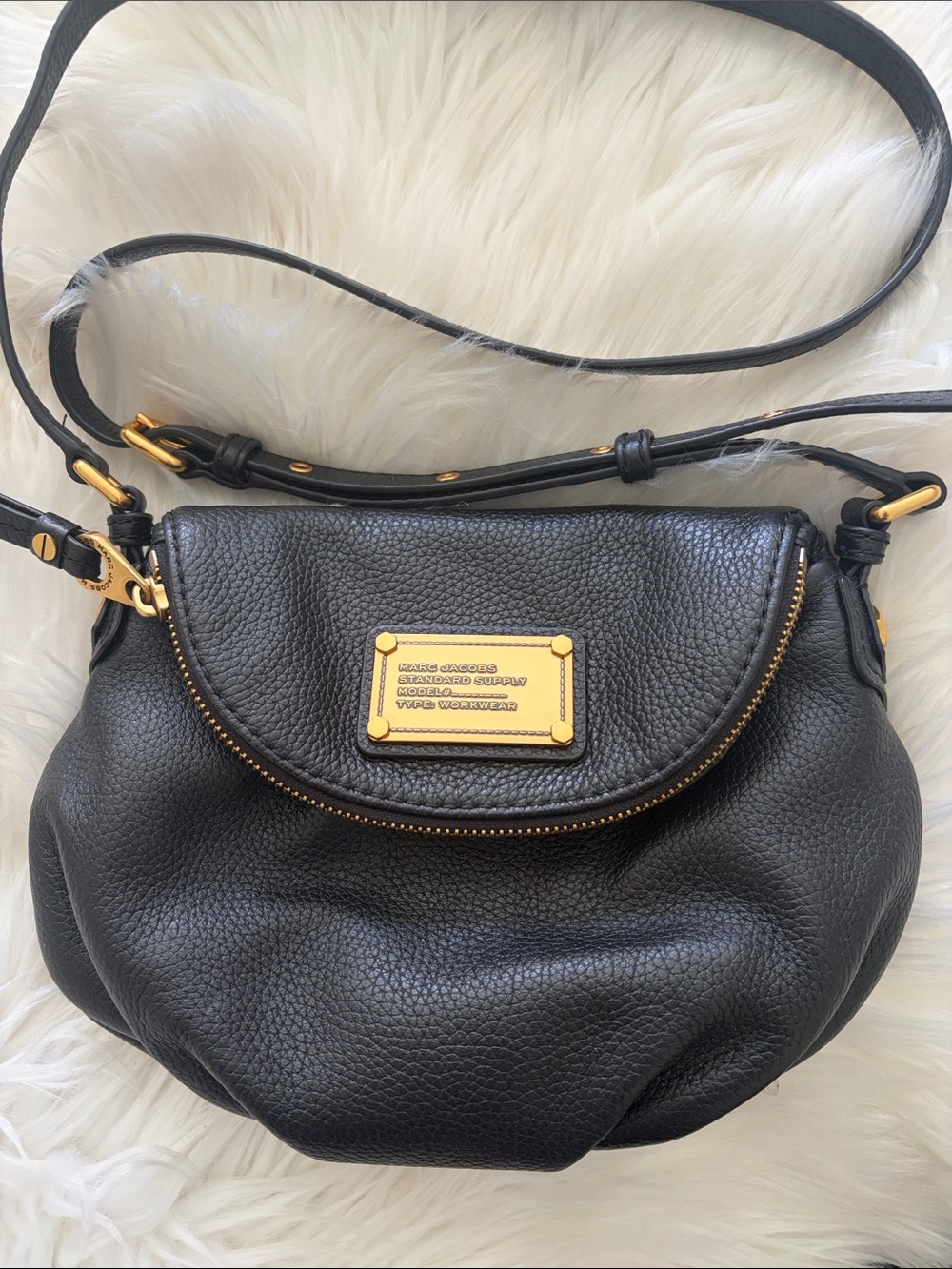 Marc Jacobs Natasha Re-edition Black Pebbled Leather Crossbody with Gold Plaque
